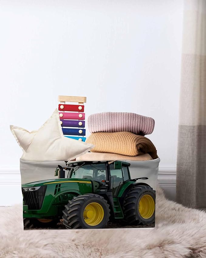 Farm Tractor Storage Basket with Handles for Shelves Closet, Green Truck Country Rustic Field Harvester Collapsible Fabric Cube Storage Organizer Bins for Shelves, Closet 2Pieces