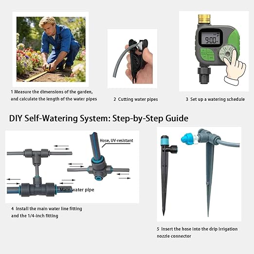 Drip Irrigation System for Garden with Water Timer Plug-in Quick Connection Drip Irrigation Kit 5/16“ID and 1/4 Inch Pipe Auto Watering System for Garden Spray, for Greenhouse, Lawn, Potted Plants