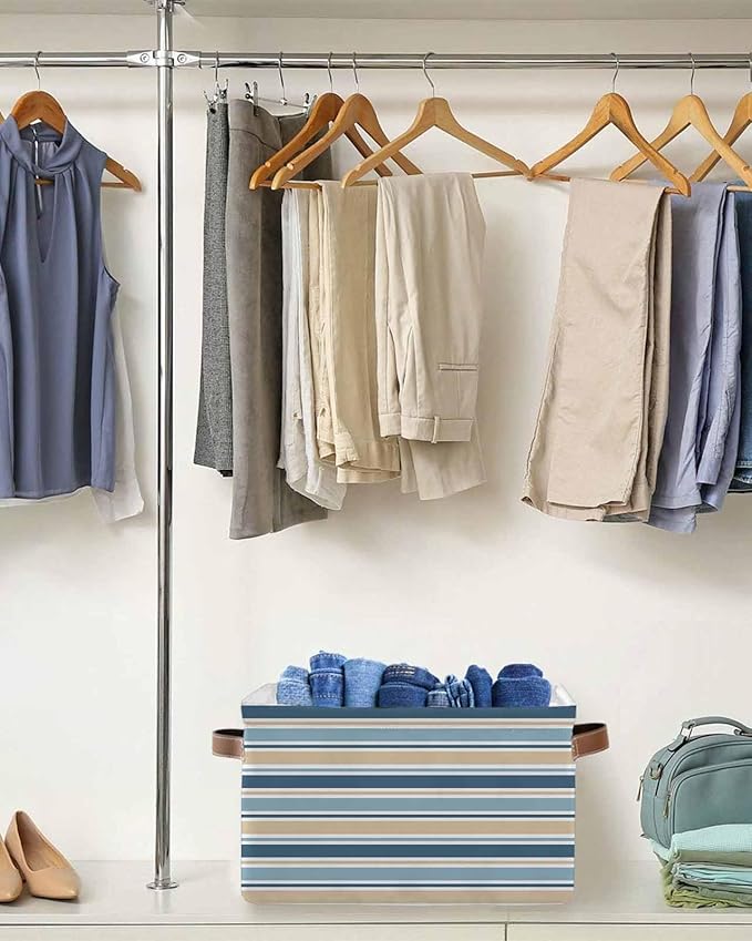 Khaki Blue Striped Storage Bins Cubes Waterproof Cloth Storage Basket,Farmhouse Stripes Modern Abstract Art Foldable Storage Bags for Shelf Clothes Storages Organizers with Handles 15x11x9.5 in 2PCS