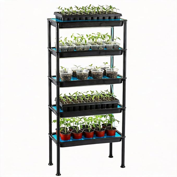 RooTrimmer 5-Tier Hydroponics Growing System, Plant Stand, Ebb and Flow Seedbeds, Siphoning Circulation Watering for Indoor/Greenhouse, Designed for Seed Starter Nursery Cell Trays, Plant Pots
