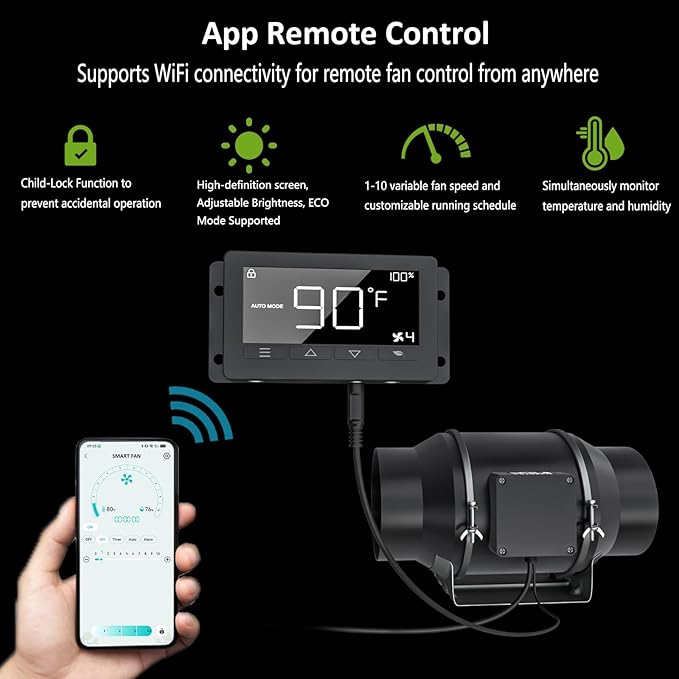 Toolazy 4 Inch Inline Duct Fan with WiFi App Control, 214 CFM Quiet EC Motor Ventilation Fan with Temperature Humidity Sensor, Smart Exhaust Fan for Grow Tent, Hydroponics, HVAC, 3D Printer