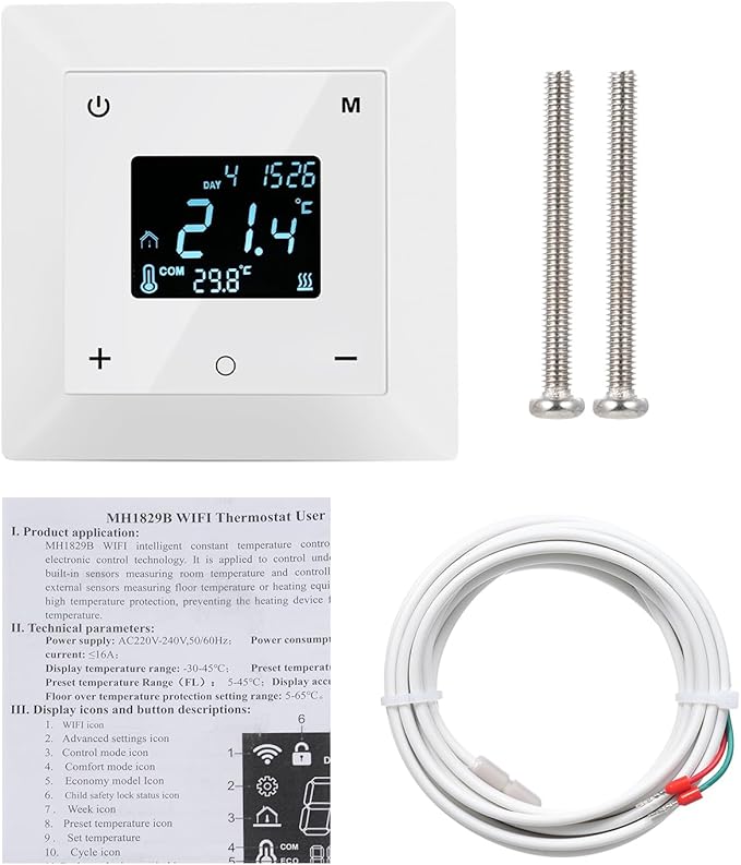 Touchscreen Programmable Thermostat for Electric Floor Heating System, 7-day Timing Settings Backlight LCD Display Safety Lock Automatic Calibration Low Temperature Protection NTC Floor & Air Sensing