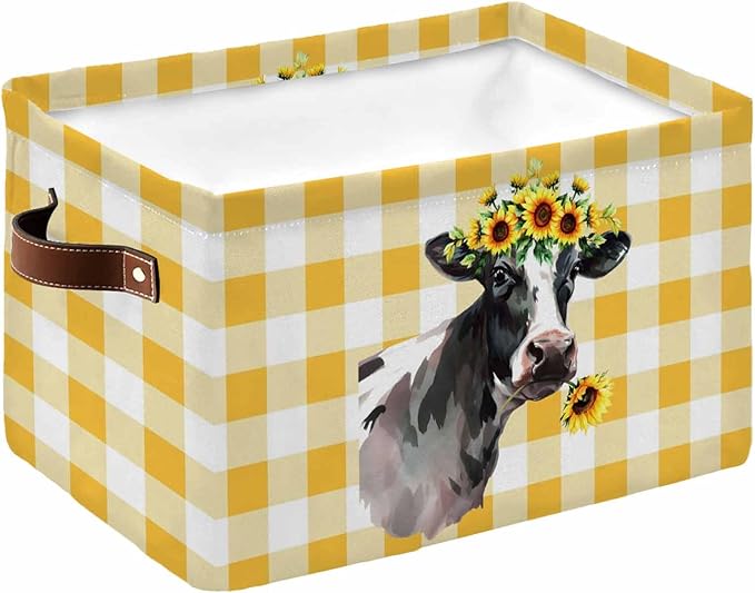 Sunflowers Cow Storage Bins Cubes Waterproof Cloth Storage Basket, Farm Animal Yellow Buffalo Plaid Foldable Storage Bags for Shelf Closet Clothes Storages Organizers with Handles 15x11x9.5 in 1PCS