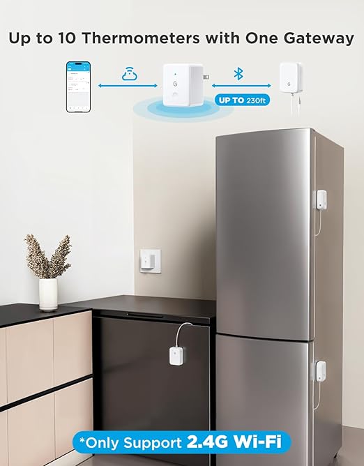 GoveeLife WiFi Refrigerator Thermometer with Alarm, Wireless Digital Freezer Temperature Gauge with App, 2 Years Free Data Export, for Home Kitchen Fridge Hot Tub 2 Pack（Only Support 2.4G Wi-Fi）