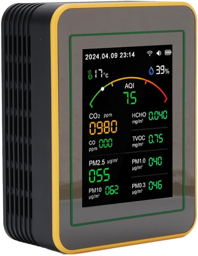 Yctze 15 in 1 Air Quality Detector, WiFi APP Control CO2 HCHO TVOC PM2.5 PM10 Temperature Humidity Monitor with Smart Timer & Real Time Data, Ideal for Indoor Air Quality Testing (Black Yellow)