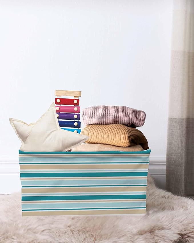 Teal Khaki Striped Storage Bins Cubes Waterproof Cloth Storage Basket,Farmhouse Stripes Modern Abstract Art Foldable Storage Bags for Shelf Clothes Storages Organizers with Handles 15x11x9.5 in 1PCS