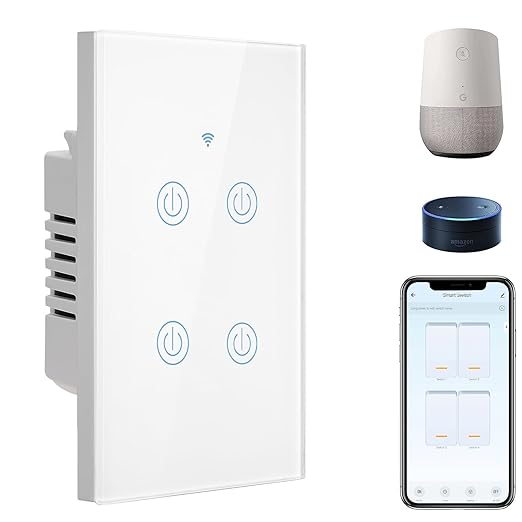 BSEED 4 Gang Smart Switch - Alexa WiFi Light Switch, Touch Control, Timer Function, Compatible with Alexa, Google Assistant, Remote Control