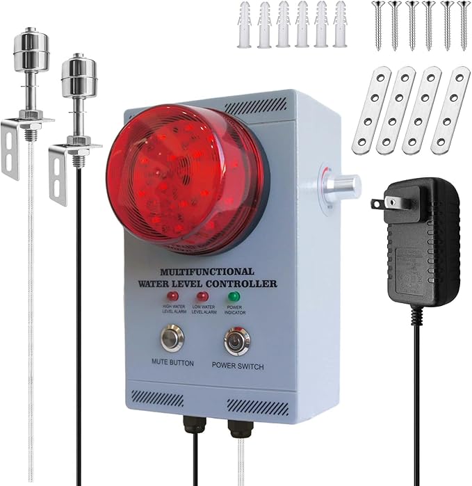 Professional Water Level Alarm, High/Low Liquid Detector with Dual Probes, 120dB Adjustable Audible/Visual Alarm, 33FT Cable, All-Metal, Industrial Water Overflow for Tanks/Sump Pool/Ship Holds/Well