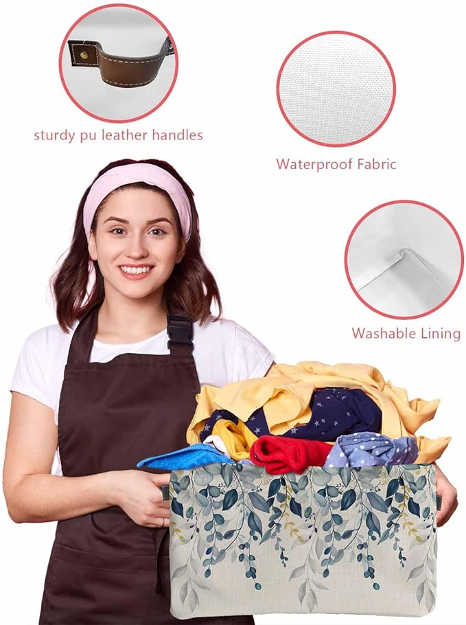 Navy Blue Eucalyptus Storage Bins Cubes Waterproof Cloth Storage Basket, Farmhouse Weeping Leaves Linen Foldable Storage Bags for Shelf Clothes Storages Organizers with Handles 15x11x9.5 in 1PCS