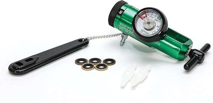 AireMed Oxygen Regulator 0-25LPM, CGA-870 Gauge Flow Rate – Includes Wrench Key, 5 Brass Yoke Washer Seals, and 2 Oxygen Tubing Swivel Connectors - Ergonomic Handle Design - Green