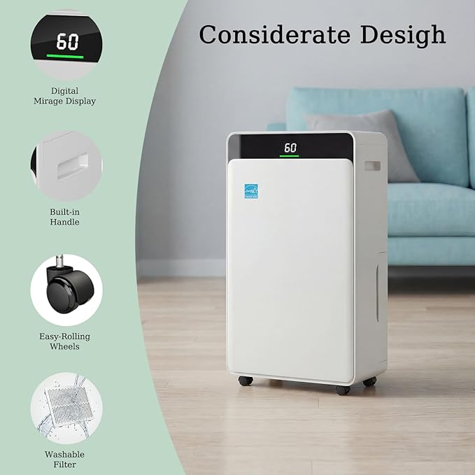 2026Upgraded 5000 Sq.Ft 80 Pint energy star Dehumidifier for Basements with Large 1.72 Gal Tank,Portable Smart Compressor Whisper Dehumidifier for Home/Bedroom/Bathroom