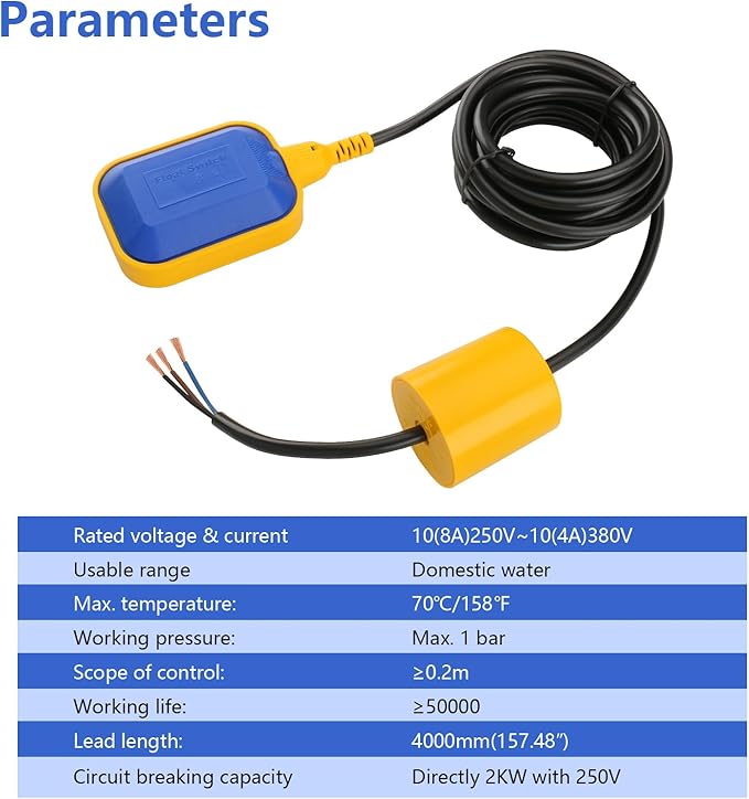 Baomain 4M 13ft Cable Float Switch, Water Level Controller, for Tank Pump, Water Tank or Sewage System On Auto Pilot, with Counterweight