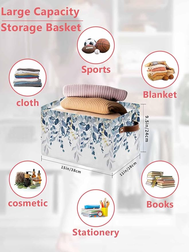 Navy Blue Eucalyptus Storage Bins Cubes Waterproof Cloth Storage Basket,Watercolor Spring Weeping Botanical Foldable Storage Bags for Shelf Clothes Storages Organizers with Handles 15x11x9.5 in 1PCS