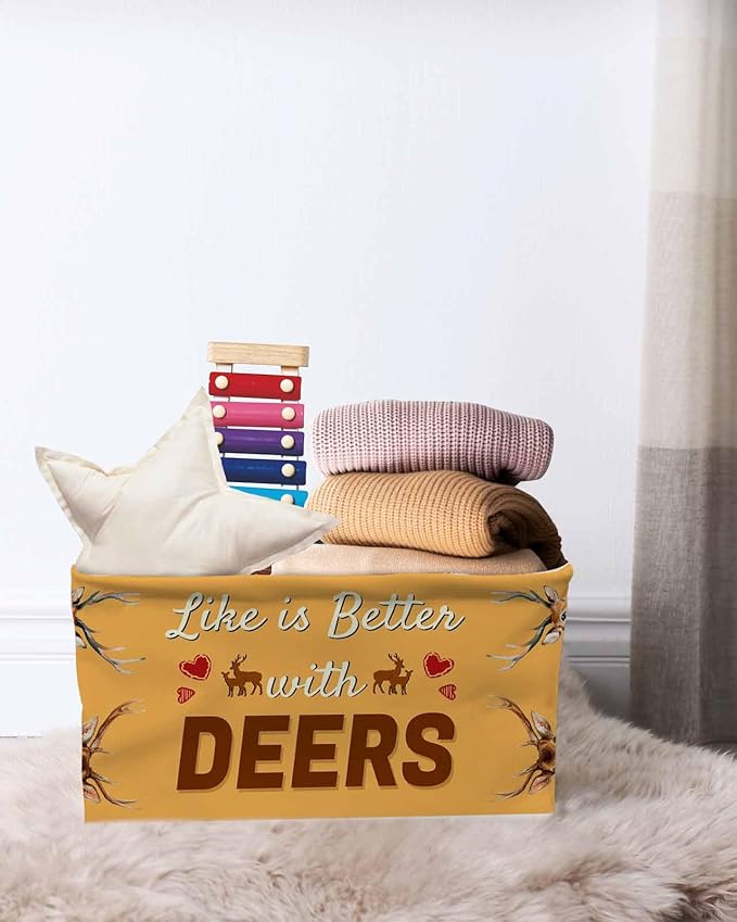 Orange Deer Storage Bins Cubes Waterproof Cloth Storage Basket, Wildlife Animals Rustic Farmhouse Elk Foldable Storage Bags for Shelf Closet Clothes Storages Organizers with Handles 15x11x9.5 in 1PCS