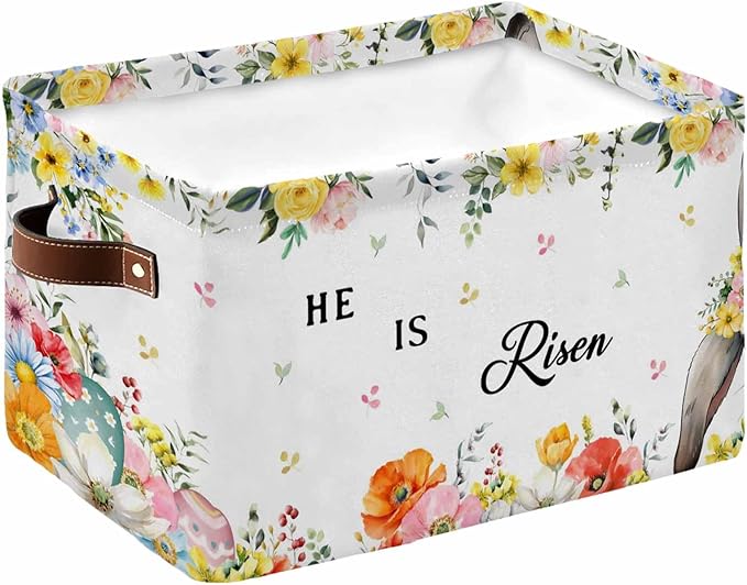 Easter Storage Bins Cubes Waterproof Cloth Storage Basket,Easter Bunny Spring Watercolor He Is Risen Flowers Foldable Storage Bags for Shelf Clothes Storages Organizers with Handles 15x11x9.5 in 1PCS