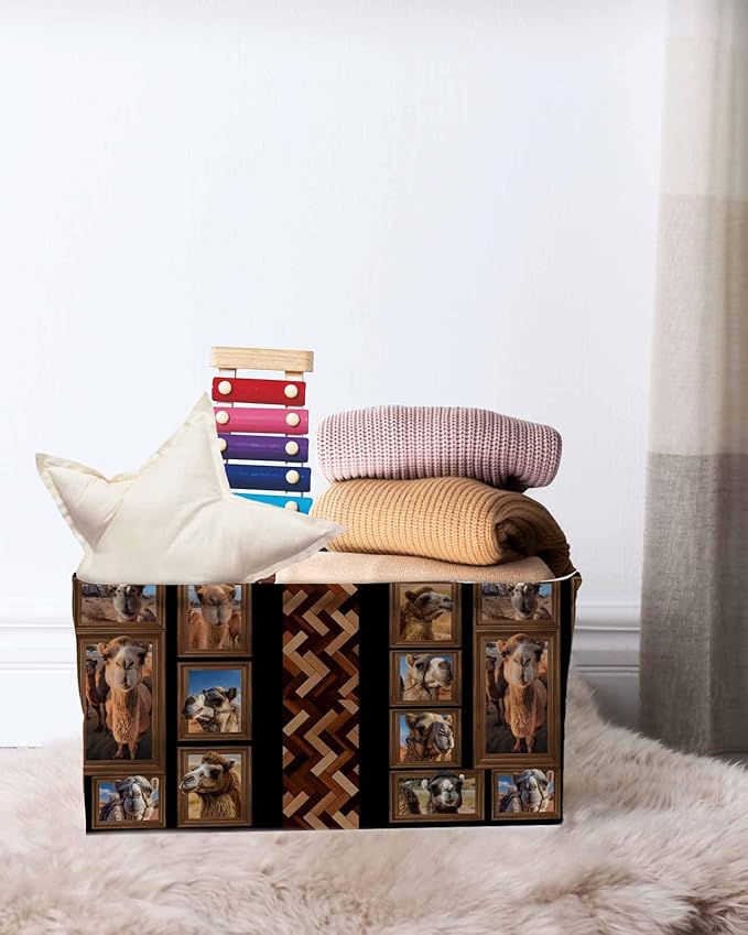 Desert Camels Storage Bins Cubes Waterproof Cloth Storage Basket,Brown Wildlife Farmhouse Animals Rustic Foldable Storage Bags for Shelf Clothes Storages Organizers with Handles 15x11x9.5 in 2PCS
