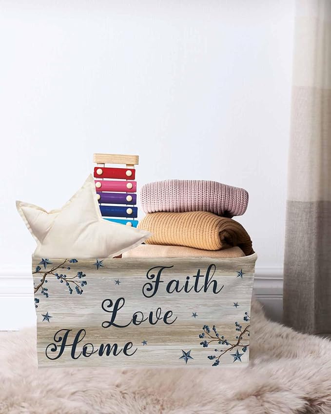 Vintage Country Storage Bins Cubes Waterproof Cloth Storage Basket,Blue Rustic Texas Star Vines Wooden Grain Foldable Storage Bags for Shelf Clothes Storages Organizers with Handles 15x11x9.5 in 2PCS
