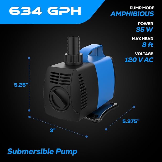 634 GPH Amphibious Submersible and Inline Water Pump - For Aquarium, Pond, Hydroponics, Fountain with Ceramic Shaft, 6.39 ft Lift, 35W - 5 Pack