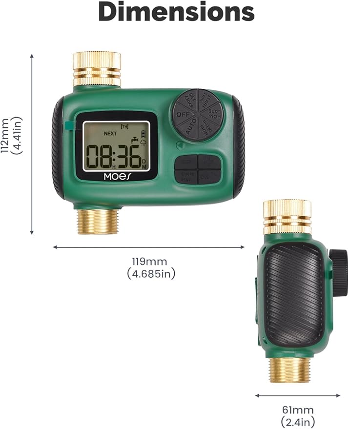 MOES Sprinkler Timer, Brass Inlet & Outlet Water Hose Timers, Programmable Automatic Irrigation Controller, Rain Delay, Manual Watering, 1 Zone Water Hose Timers for Gardens, Lawns, and Hose Systems