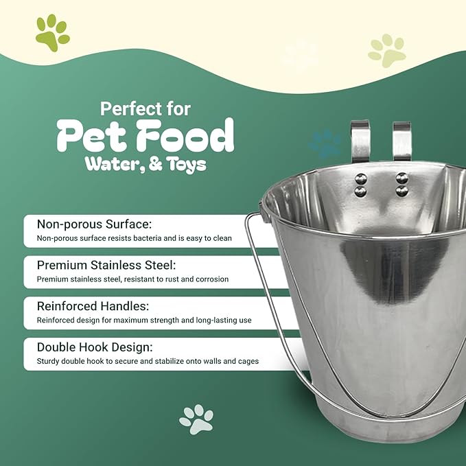 9 Quart Stainless Steel Bucket with Dual Hook | Perfectly Fits on Kennels, Cages and Critter Crates | Heavy Duty Bucket for Pets Cleaning & Food Prep - Flat Sided Pail