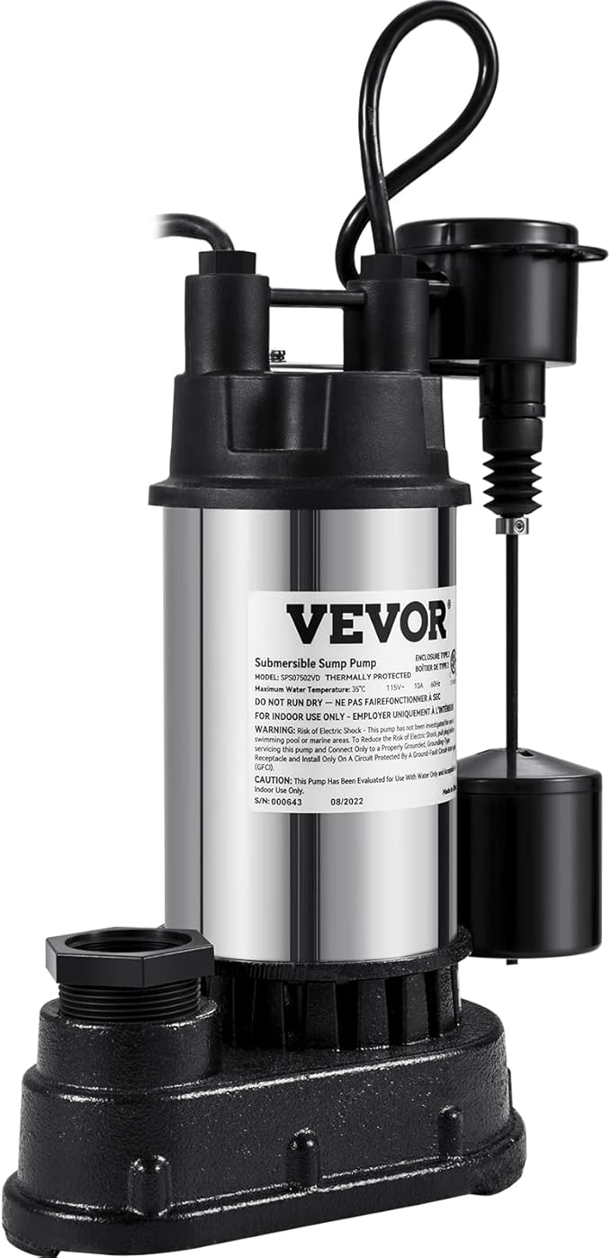 VEVOR 1.5 HP Submersible Cast Iron and Steel Sump Pump, 6000 GPH Submersible Water Pump with Integrated Vertical Float Switch, for Basement Water Basin and Flooding Area