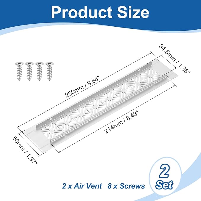uxcell 2Pcs Aluminum Alloy Air Vents, 250 x 50mm / 9.8 x 2" Rectangle Louvered Ventilation Grille Cover with Mounting Screws for Door Cabinet Wardrobe, Silver
