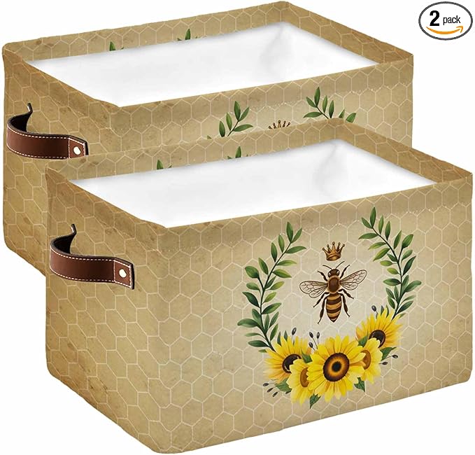 Sunflowers Storage Bins Cubes Waterproof Cloth Storage Basket,Farmhouse Bees Spring Summer Watercolor Floral Leaf Foldable Storage Bags for Shelf Storages Organizers with Handles 15x11x9.5 in 2PCS
