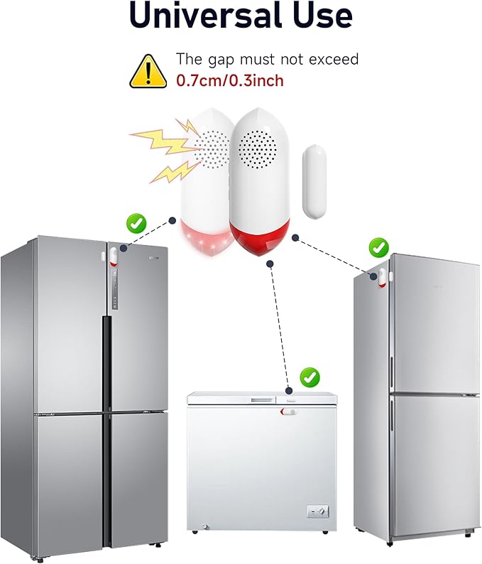 PILSAMAS Smart WiFi Freezer Refrigerator Door Alarm with APP Alerts, No Subscription Fee, 0-60s Delay, Scheduled Arm/Disarm, 0-120dB Adjustable Siren with Light for Fridge/Home/Commercial