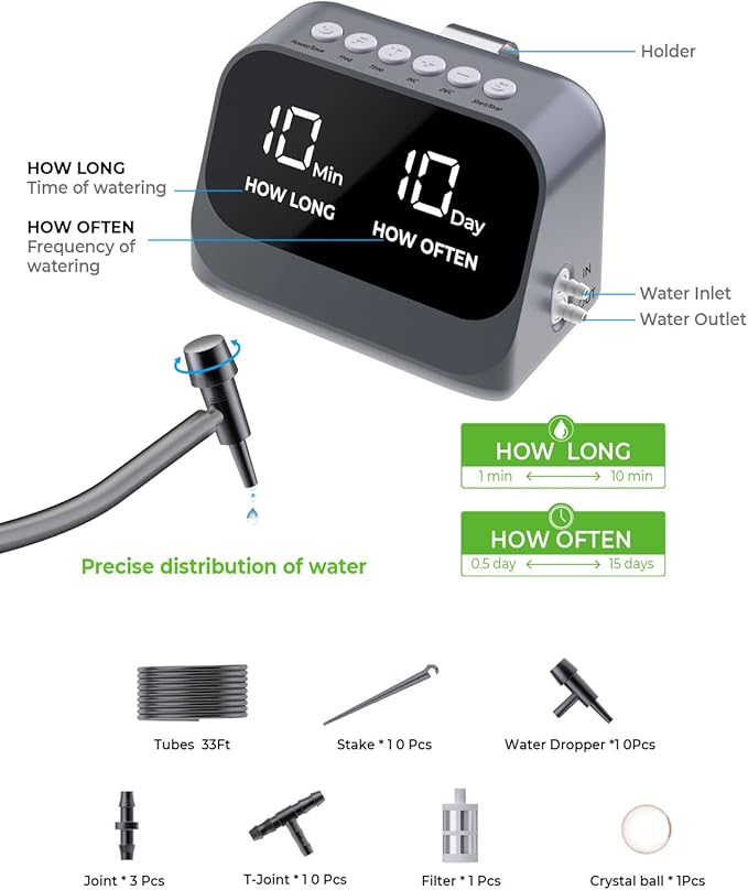 Automatic Watering for Potted Plants, Using a smart programmable Timer, Features a Waterproof LED Display, a high-Capacity Battery, and Precise Water Distribution. (Gray)