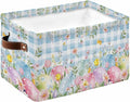 Easter Eggs Storage Bins Cubes Waterproof Cloth Storage Basket,Spring Daisy Eucalyptus Leaves Blue Plaid Foldable Storage Bags for Shelf Clothes Storages Organizers with Handles 15x11x9.5 in 1PCS