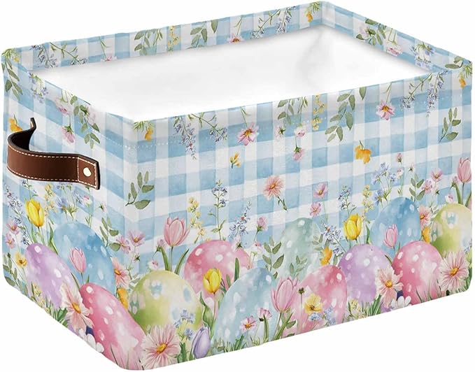 Easter Eggs Storage Bins Cubes Waterproof Cloth Storage Basket,Spring Daisy Eucalyptus Leaves Blue Plaid Foldable Storage Bags for Shelf Clothes Storages Organizers with Handles 15x11x9.5 in 1PCS