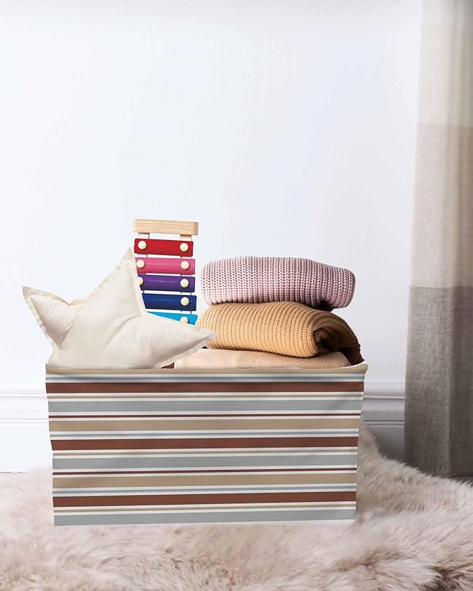 Beige Khaki Striped Storage Bins Cubes Waterproof Cloth Storage Basket,Farmhouse Stripes Modern Abstract Art Foldable Storage Bags for Shelf Clothes Storages Organizers with Handles 15x11x9.5 in 1PCS