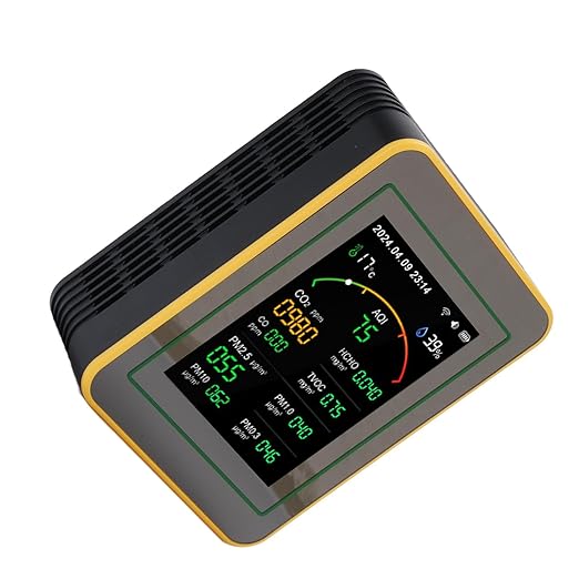 Air Quality Detector, 15 in 1 WiFi APP Control CO2 HCHO TVOC PM2.5 PM10 Monitor, Humidity Temperature Detector with Smart Timer & Curve Recording, Ideal for Indoor Air Quality (Black Yellow)