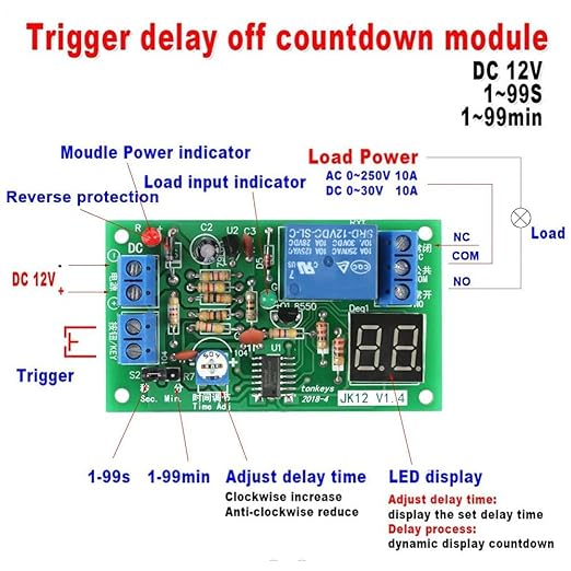 12V Timer Relay Module with LED Display, Adjustable Time Delay Switch 1s-99min Countdown for Delay Off, Smart Home Industrial Automation Equipment Control