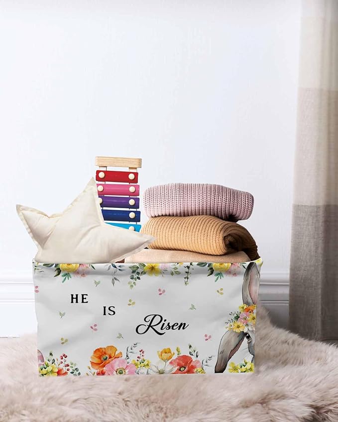 Easter Storage Bins Cubes Waterproof Cloth Storage Basket,Easter Bunny Spring Watercolor He Is Risen Flowers Foldable Storage Bags for Shelf Clothes Storages Organizers with Handles 15x11x9.5 in 1PCS