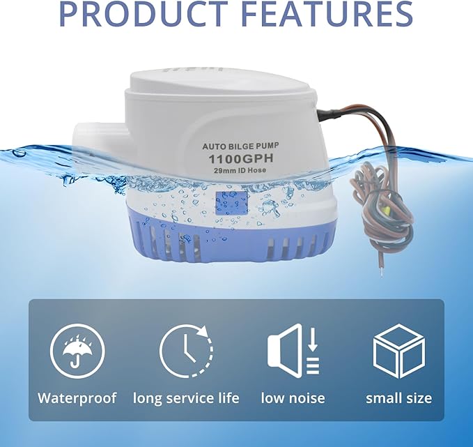 1100GPH 12V Auto Bilge Pump, Marine Automatic Bilge Pump Built-in Float Switch, Suitable for Boats, Yacht, Pools
