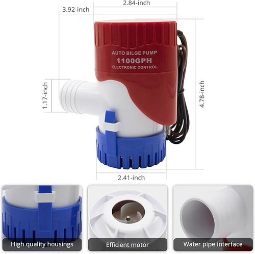 1100GPH 12 Volt Auto Bilge Pump Electric with Electrode Switch for Boat Submersible Marine Water Pump Accessories, Automatic Electric Bilge Pump, Water Pump Low Noise
