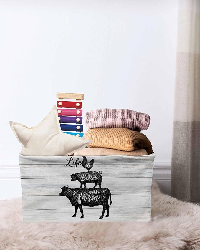 Farm Animals Storage Bins Cubes Waterproof Cloth Storage Basket, Chicken Pig Cattle Rustic Retro Wooden Board Foldable Storage Bags for Shelf Closet Clothes Organizers with Handles 15x11x9.5 in 2PCS