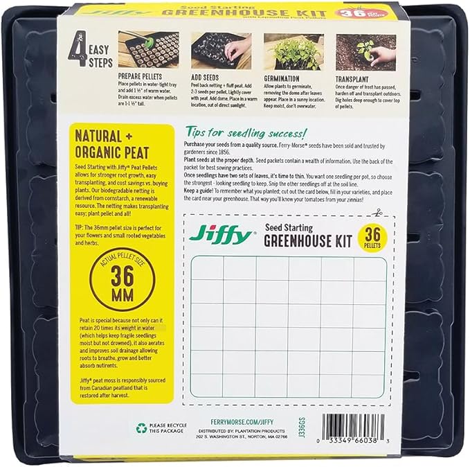 Jiffy Seed Starting Tray Kit - 36 Cell Plant Starter Trays, Portable - 11 x 11 x 4.25 in - Plastic - 4 Pack