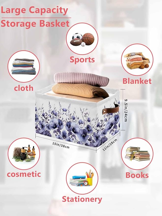 Purple Blooms Floral Storage Bins Cubes Waterproof Cloth Storage Basket,Farmhouse Spring Flowers Botanical Foldable Storage Bags for Shelf Clothes Storages Organizers with Handles 15x11x9.5 in 2PCS