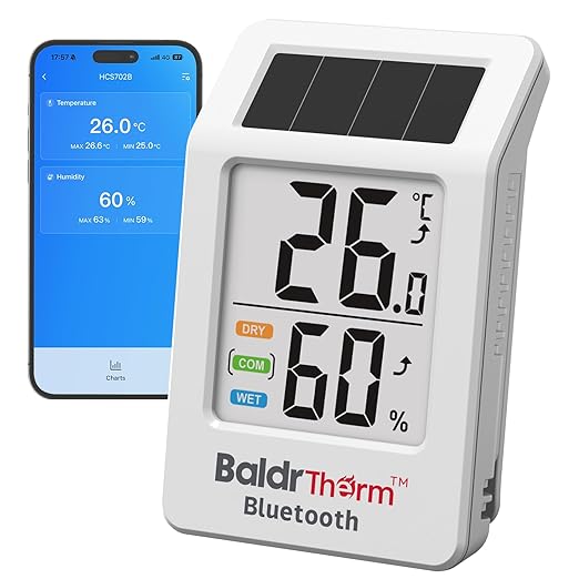 BaldrTherm Bluetooth Thermometer Wireless, Smart Thermometer with App Control, 200ft Coverage, Offline Storage, Trend Charts, Real-Time Alerts for Home, Pet Cage, Indoor/Outdoor Use, White, 1pack