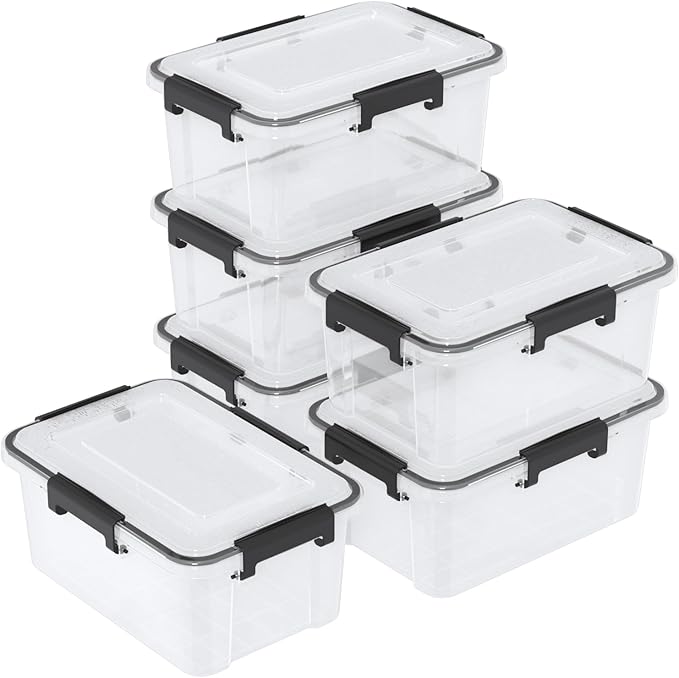 6-Pack 12 Qt Plastic Storage Box with Gasket Seal Lid, Durable Moving Containers with Tight Latch, Weather Proof Tote Bin, Clear/Black
