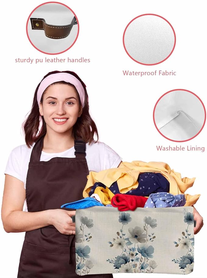Blue Grey Floral Storage Bins Cubes Waterproof Cloth Storage Basket, Watercolor Flowers Linen Texture Foldable Storage Bags for Shelf Closet Clothes Organizers with Handles 15x11x9.5 in 1PCS