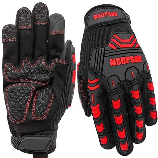 Heavy-Duty Work Gloves,Synthetic Leather Impact Protection Mechanic Rigger Glove,High Dexterity,Vibration Reduction,Touchscreen,Large,Red+Black