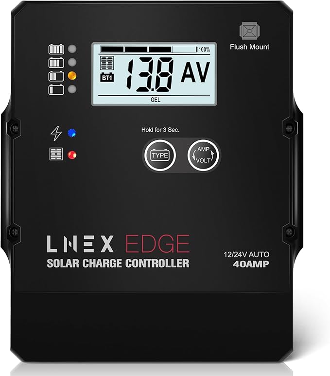 LNEX Solar Charge Controller with Flush Mount Design, 6 Stage Charging with LCD Display 12V/24V Auto PWM Controller 40A for LiFePO4, AGM, Gel, Flooded and Lithium Battery
