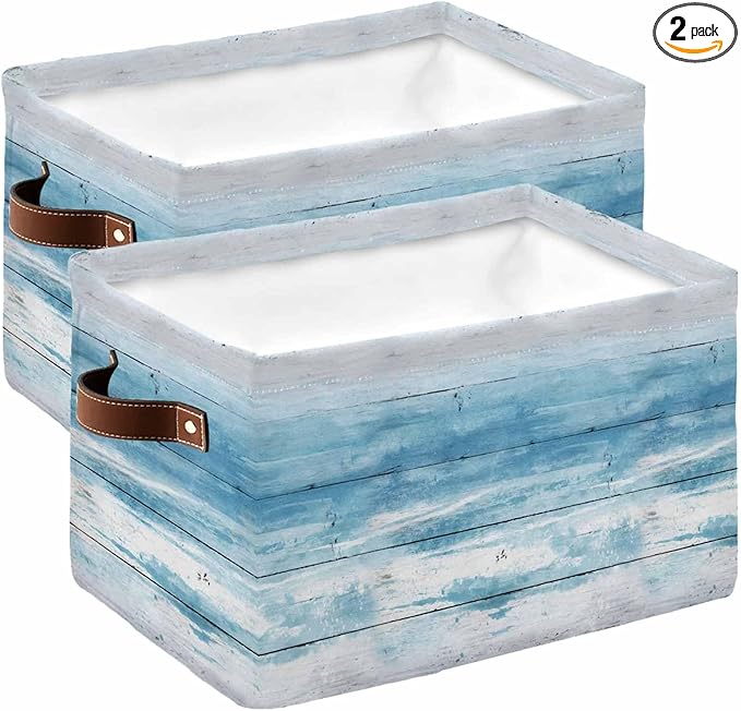 Summer Blue Ocean Storage Bins Cubes Waterproof Cloth Storage Basket, Farmhouse Wooden Grain Modern Art Foldable Storage Bags for Shelf Closet Clothes Organizers with Handles 15x11x9.5 in 2PCS