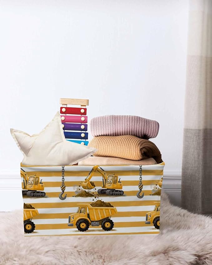 Yellow Truck Storage Bins Cubes Waterproof Cloth Storage Basket, Cartoon Striped Farmhouse Modern Art Foldable Storage Bags for Shelf Closet Clothes Organizers with Handles 15x11x9.5 in 2PCS