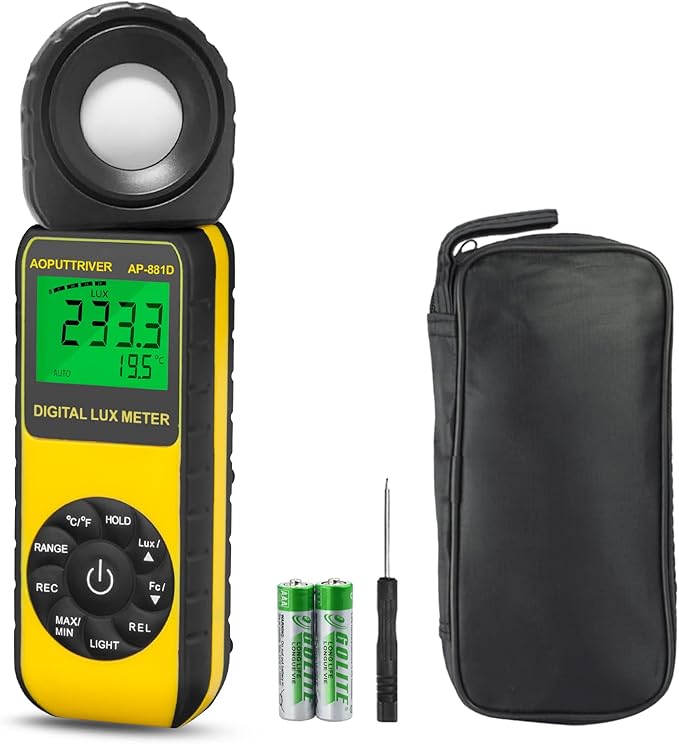 Light Meters, AP-881D Lux Meter with Ambient Temperature（℃/℉）Measurer Light 0.01~400,000 Lux (0.01~40,000 FC), Luxmeter with 270º Rotated Sensor, Back Light, Data storag for Plants LED Indoor Lights