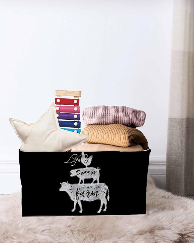 Farm Animals Storage Bins Cubes Waterproof Cloth Storage Basket, Cow Pig Rooster Rustic Vintage Black Foldable Storage Bags for Shelf Closet Clothes Organizers with Handles 15x11x9.5 in 1PCS