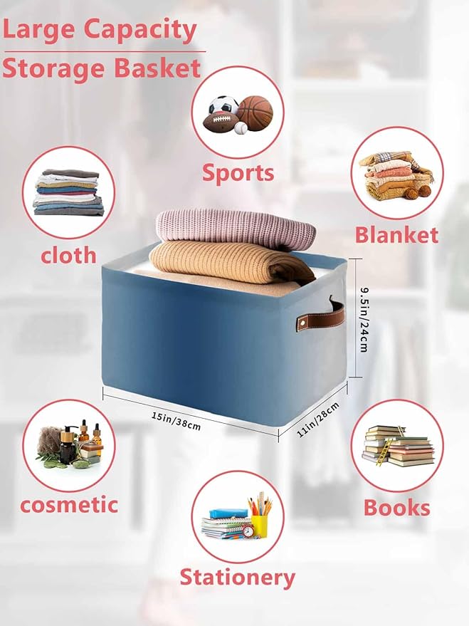 Navy Blue Grey Ombre Storage Bins Cubes Waterproof Cloth Storage Basket, Farmhouse Gradient Minimalist Foldable Storage Bags for Shelf Closet Clothes Storages Organizers with Handles 15x11x9.5 in 1PCS